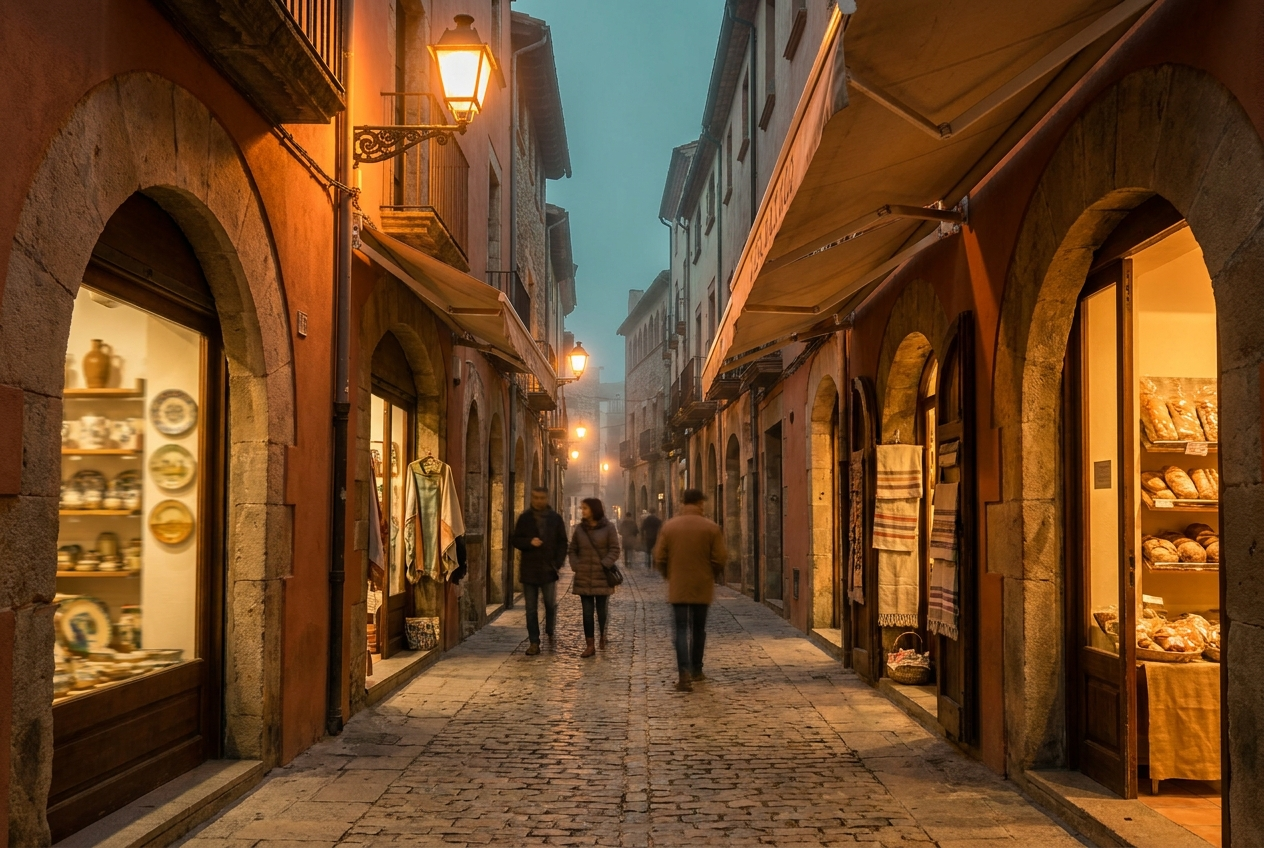 Carrer comercial d'un poble català al capvespre