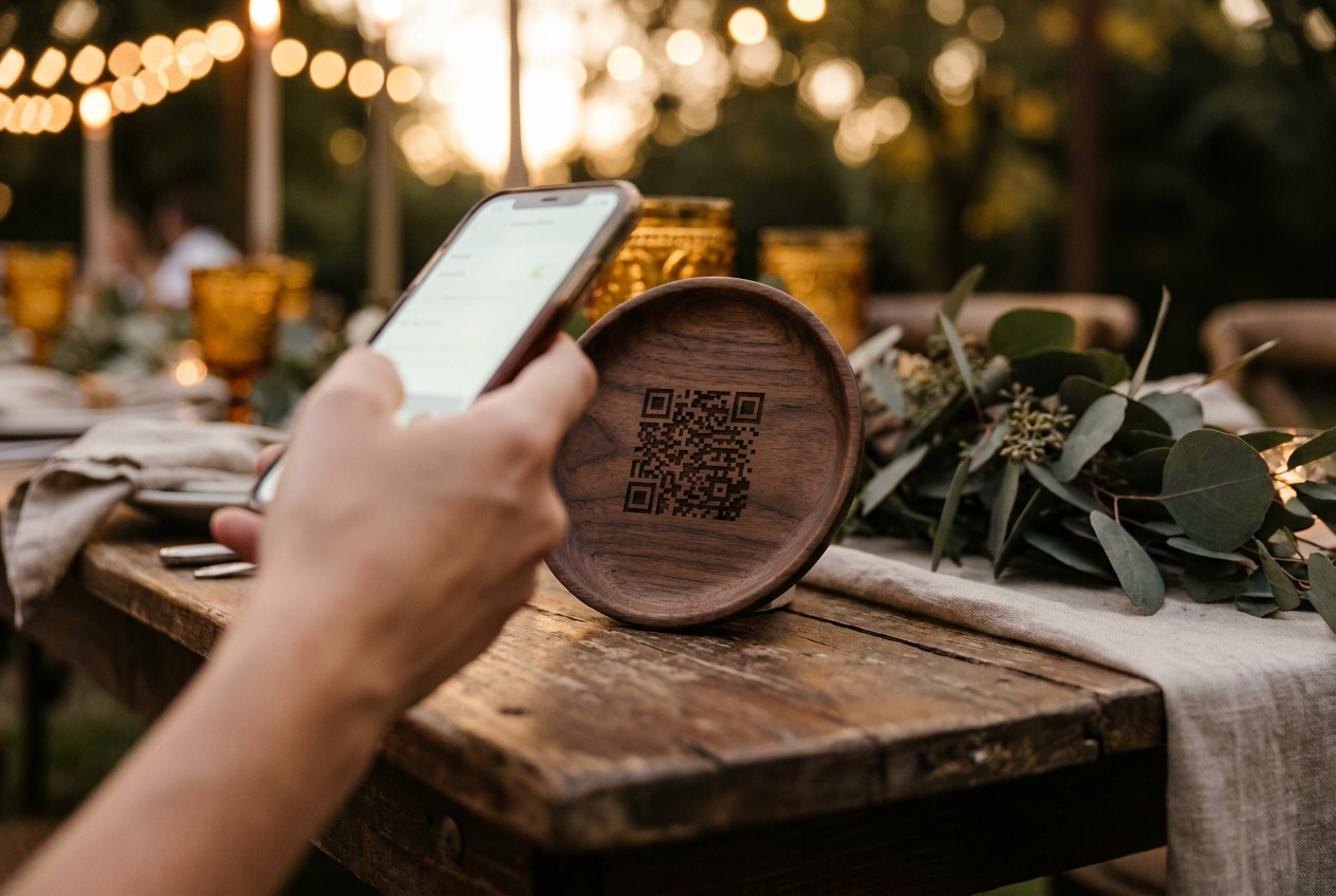 Mà escanejant una placa QR de fusta en una taula de restaurant